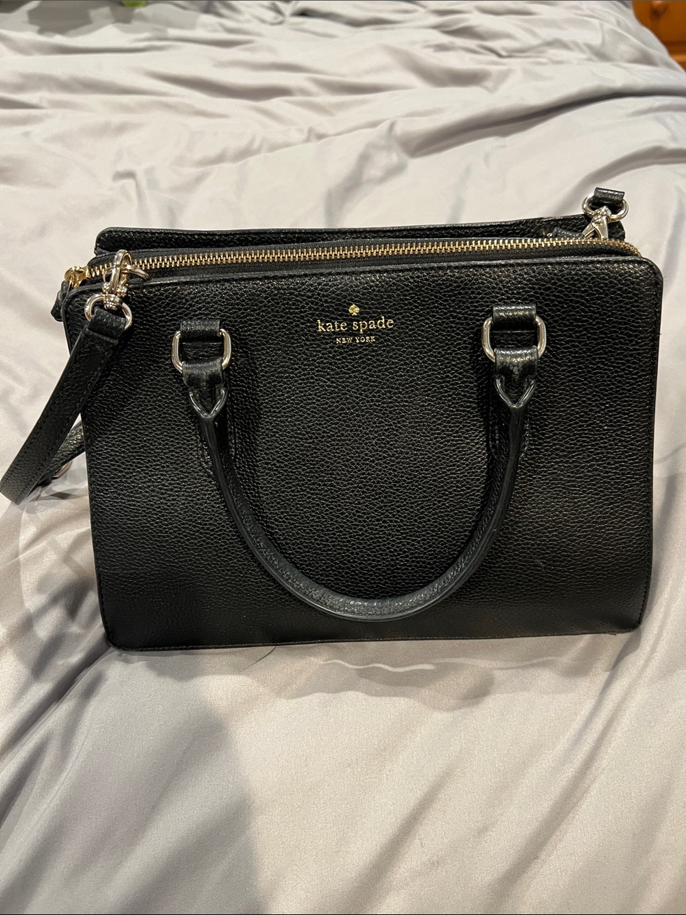 kate spade black leather satchel with gold hardware